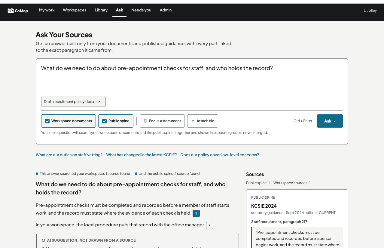 CoMap Ask screen with a question, grounded answer and source panel