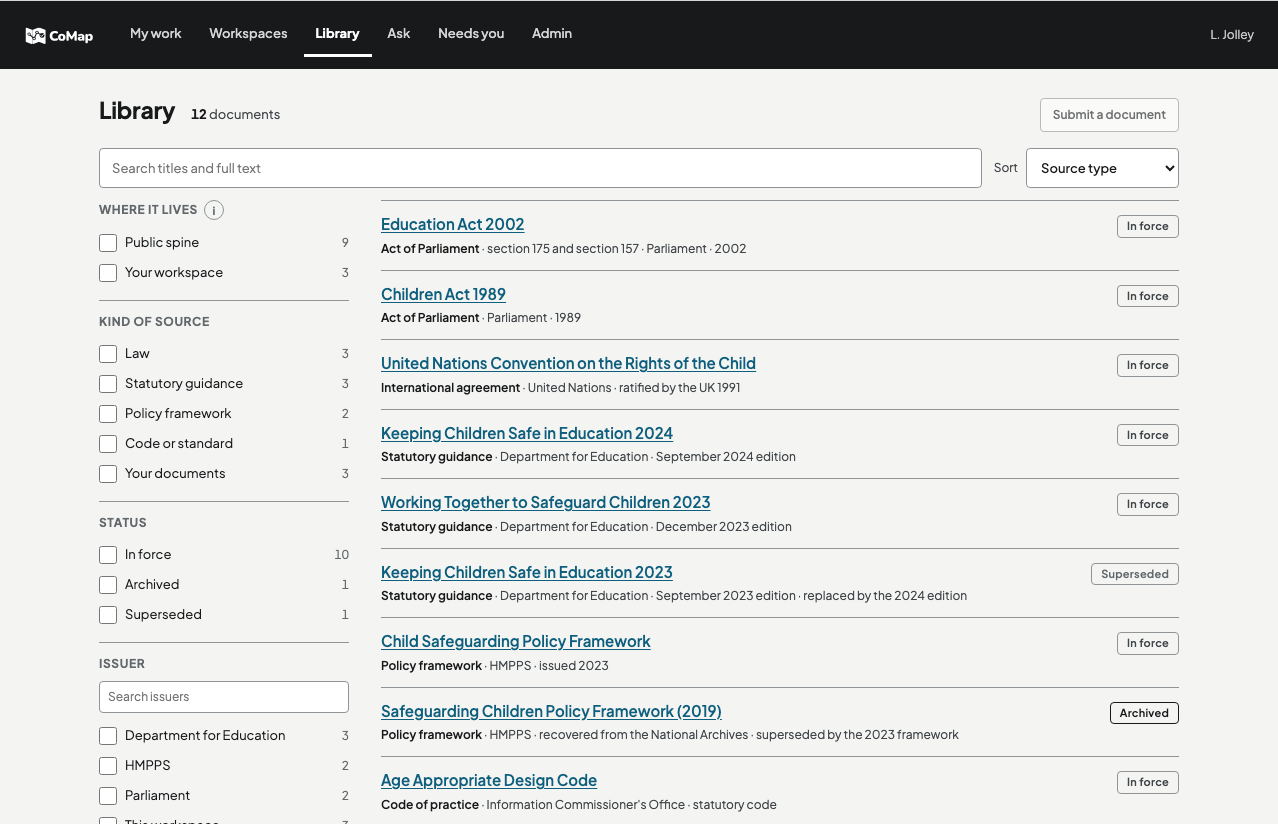 CoMap Library with search, source filters and policy records